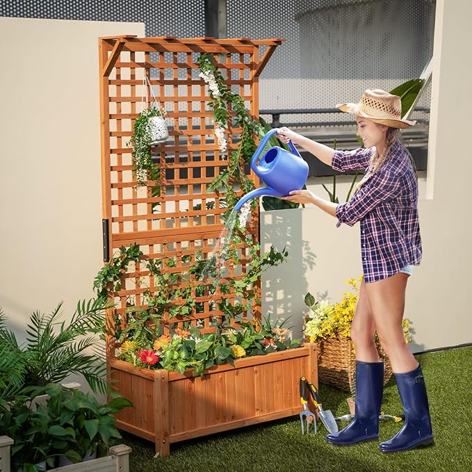 Wooden Planter Box with Trellis, 72.5” Freestanding Garden Planter w/Hanging Roof, 4 Drainage Holes & Lattice Panel, Raised Garden Bed with Trellis for Vine Climbing Plants Flowers (1)