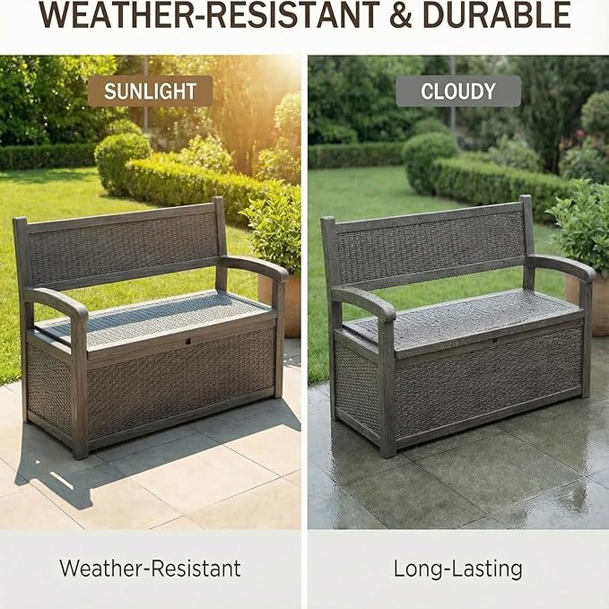 80 Gallon Outdoor Storage Bench, Waterproof Patio Deck Box with Lockable Lid for Garden & Porch, All-Weather Resin Furniture for Cushions, Tools, Pool Accessories