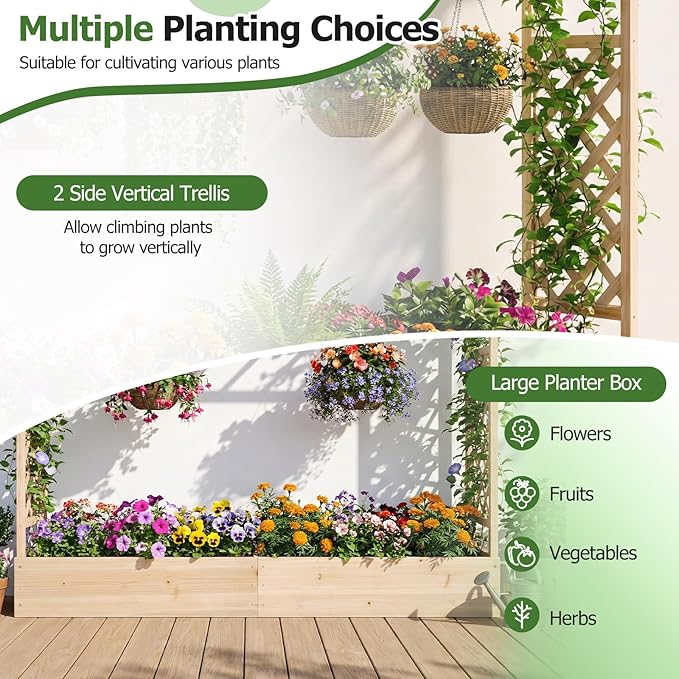 HAPPYGRILL Raised Garden Bed with Trellis, 2 Freestanding 45" Wood Planter Box w/Hanging Roof & 8 Drainage Holes for Vine Climbing Plants Flowers, Outdoor Wood Elevated Garden Bed for Patio Yard