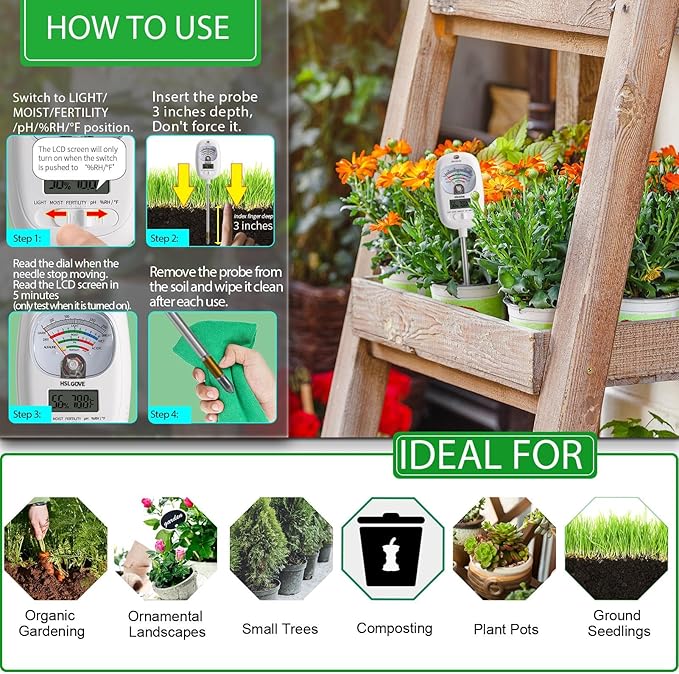 HSLGOVE Soil Test Kit, 7-in-One Soil Moisture Meter/Soil PH Meter/Fertility, Dual Screen Soil Tester w/Digital Soil Temp/Air Temp&Humidity for Plants Gardening,Lawn,Farm Indoor&Outdoor-Snow White