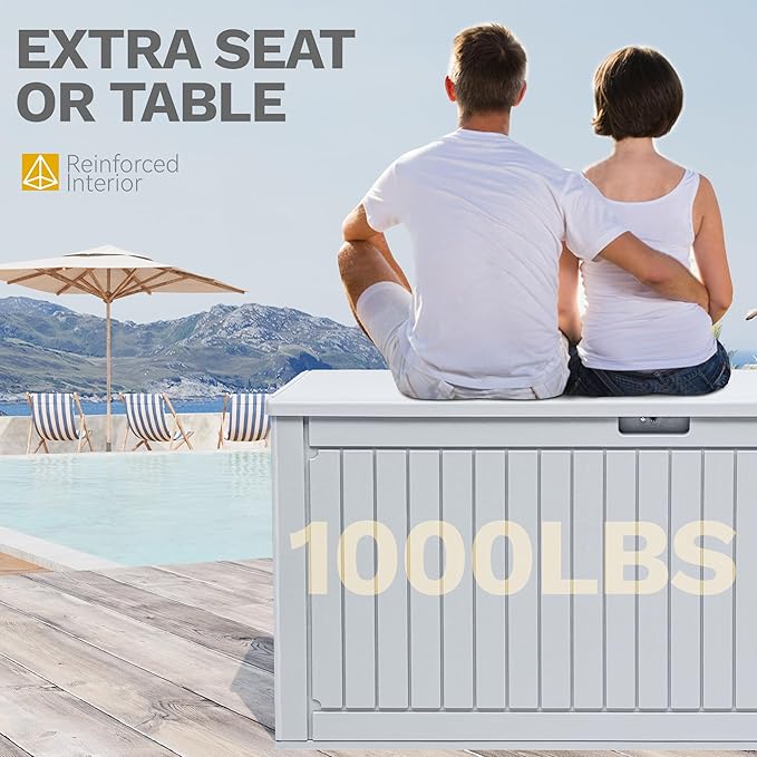 DWVO 260 Gallon Double-Wall Deck Box with Divider, XXL Extra Large Resin Outdoor Storage Box, Lockable & Waterproof, Double as Seating, 1000lbs Capacity (Grayish-White)