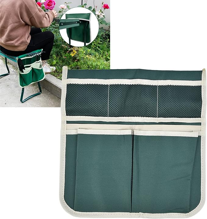 AYNEFY Garden Stool Storage Bag Garden Toolkit Oxford Cloth Hanging Organizer with Side Trolley Mount for Gardening Tools and Accessories Stool Storage Bag 4 Large Pockets