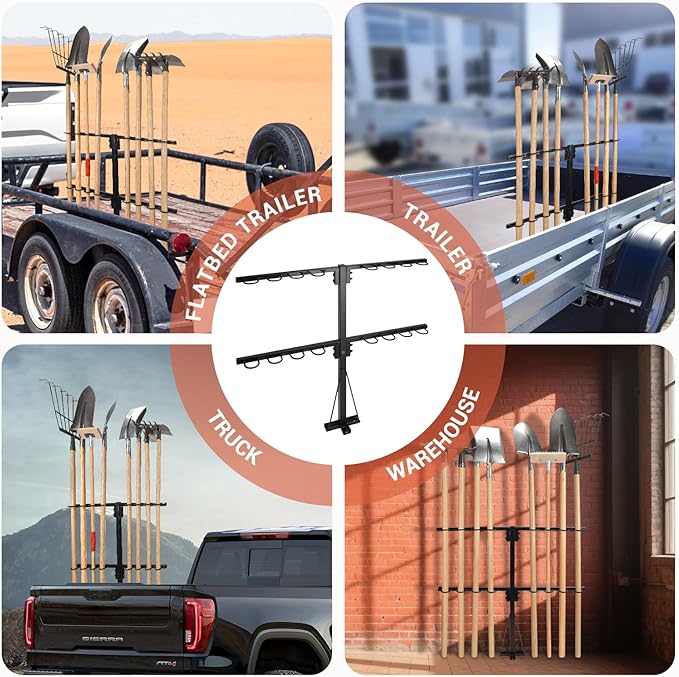 Upgraded Utility Trailer Accessories Trailer Tool Rack with 8 Tool Holes, Heavy-Duty Landscape Accessories Reinforced Base Shovel Holder Handle Tool Rack for Truck