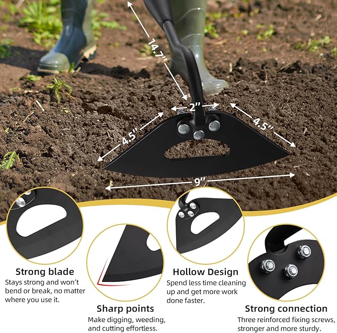 Hollow Garden Hoe - Heavy Duty Triangle Weed Hoes for Gardening,42" Adjustable Long Handle, Sharp Blade Hand Weeding Tool for Vegetable Gardens, Flower Beds, Lawn Edges & Tight Spaces