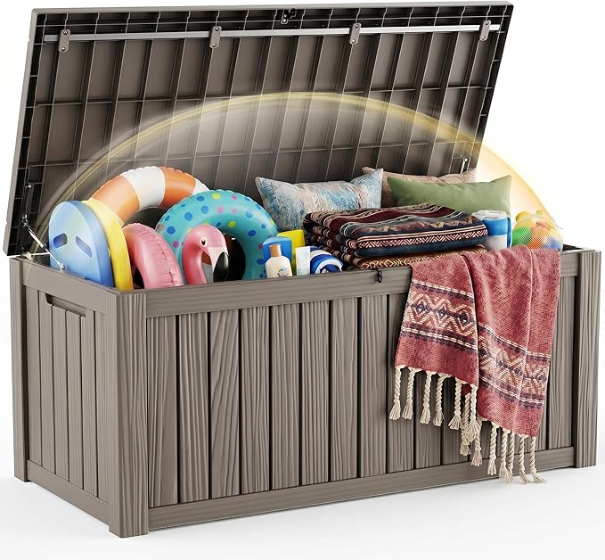 EFU Outdoor Storage Box 180 Gallon Deck Box (Indoor & Outdoor) Lockable UV Resistance Waterproof Resin Storage Bin Storage Box for Outdoor,Patio Storage With Support Rod(Taupe)