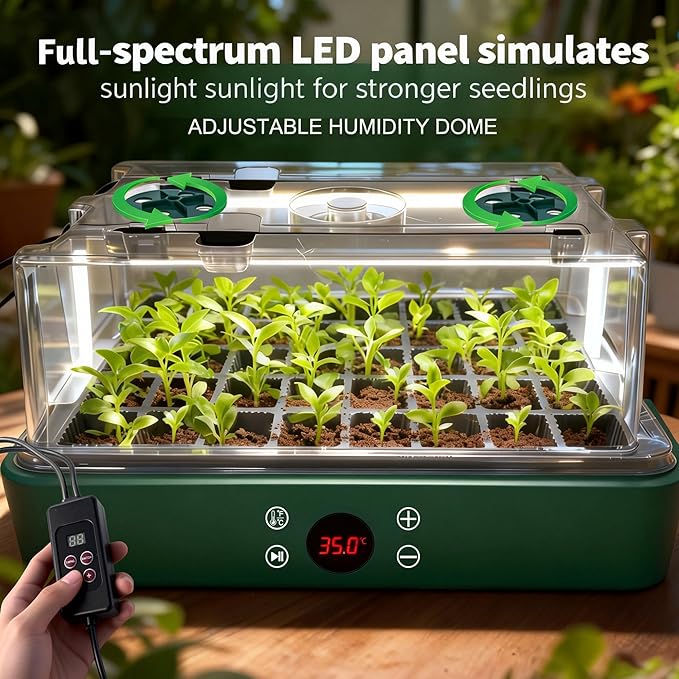 40-Cell Seed Starter Tray with Grow Light, Seedling Tray with Heating Mat Combo,4.3" Higher Lid、Gardening Seed Starter Kit , 1-24H Timer & Temp Control, Herbs, Vegetables,Indoor Plant Starter Kit