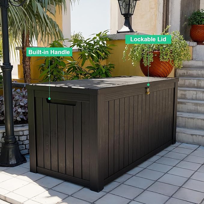 ROJIK 200 Gallon Waterproof Outdoor Deck Storage Box, Lockable Resin Patio Storage Bin with Lid for Garden Tools, Patio Cushions & Outdoor Accessories(Black)