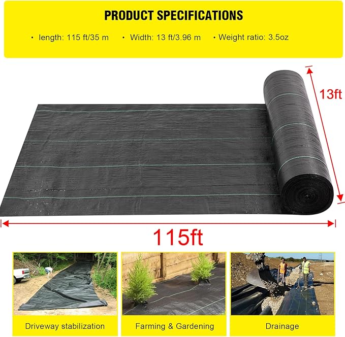 Driveway Fabric, 13x115 ft Road Fabric Commercial Weed Barrier Fabric, Landscape Fabric Heavy Duty 3.5OZ French Drain Fabric for Erosion Control,Landscape Fabric,Weed Barrier,Construction Projects