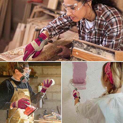 Women's Cotton Lined Leather Work Gardening Gloves, Rose Trimming, TIG/MIG Welding, Construction, Farm, Ranch Flexible Cowhide Gloves, Comfortable, Durable (Large)