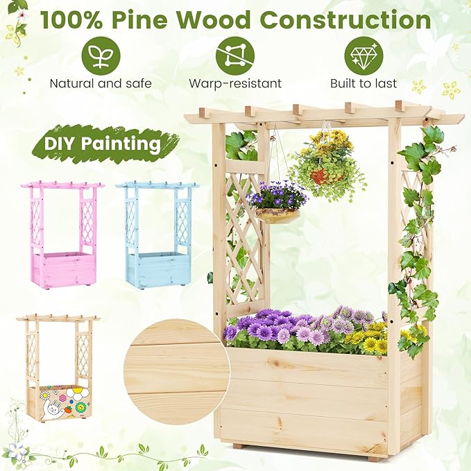 Giantex Set of 2 Raised Garden Bed with Sided Trellis & Hanging Roof, Wood Planter Box, Freestanding Garden Planter Raised Bed for Flowers Herbs Climbing Vines 31”x16”x41” (L x W x H)