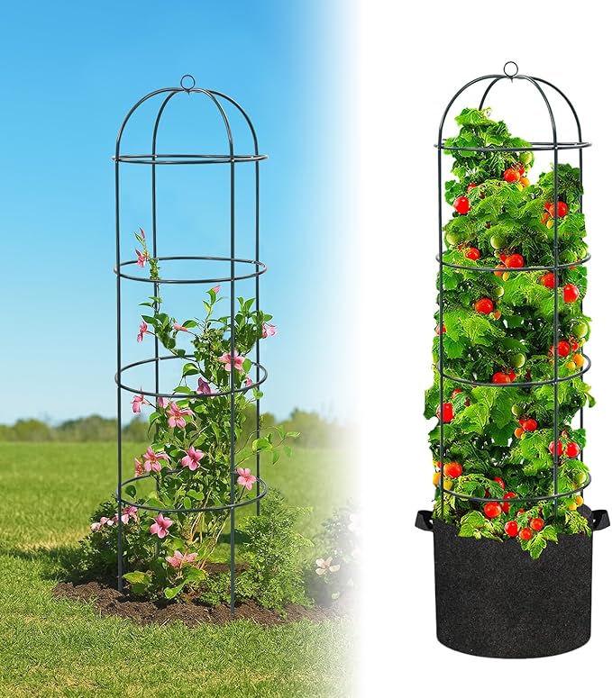 Large Trellis, Garden Obelisk Trellis for Climbing Plants Outdoor, 55” Metal Trellises for Tomato Cucumber Clematis Rose Vine Support, Heavy Duty Cage Stand Fit 25-Gallon Container Raised Bed