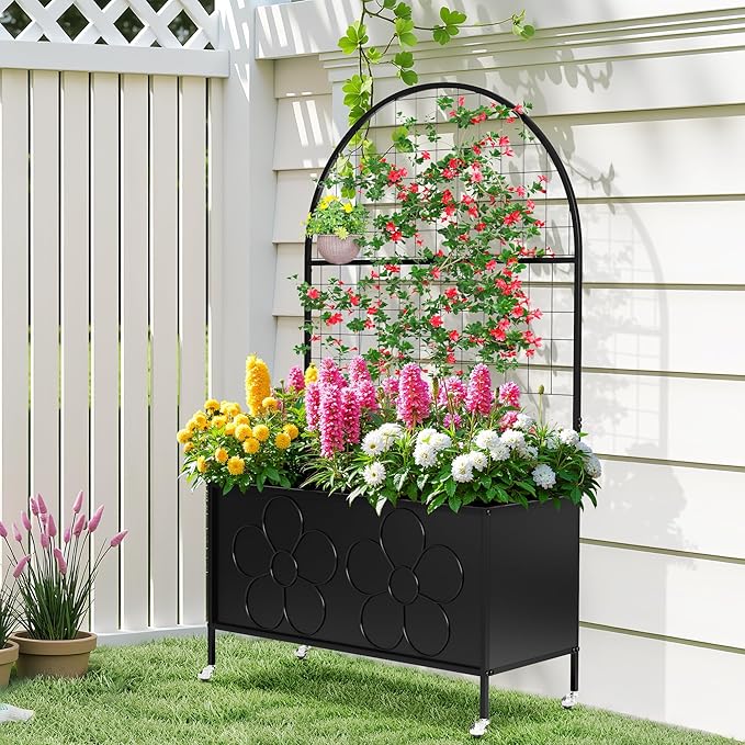 Metal Planter Box with Trellis 64'' Tall Outdoor Raised Garden Bed with Trellis for Climbing Plants Vine Privacy Planter for Yard Garden