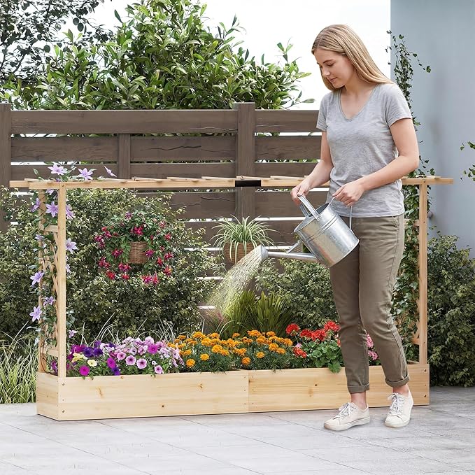 S AFSTAR Raised Garden Bed with Trellis, 2 Pieces Fir Wood Planter Box with Flat Roof & Drainage Holes, Vertical Planter Raised Bed for Climbing Plants, Flowers & Vegetables, 87" x 14" x 45" (Natural)