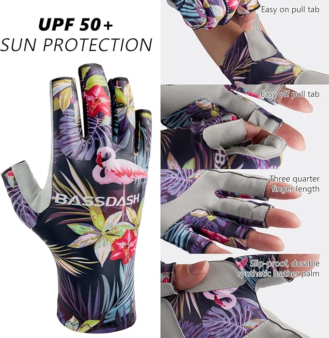 BASSDASH ALTIMATE UPF 50+ Women’s Fishing Gloves UV Sun Protection Fingerless Gloves for Kayaking Paddling Hiking Cycling Driving Shooting Training