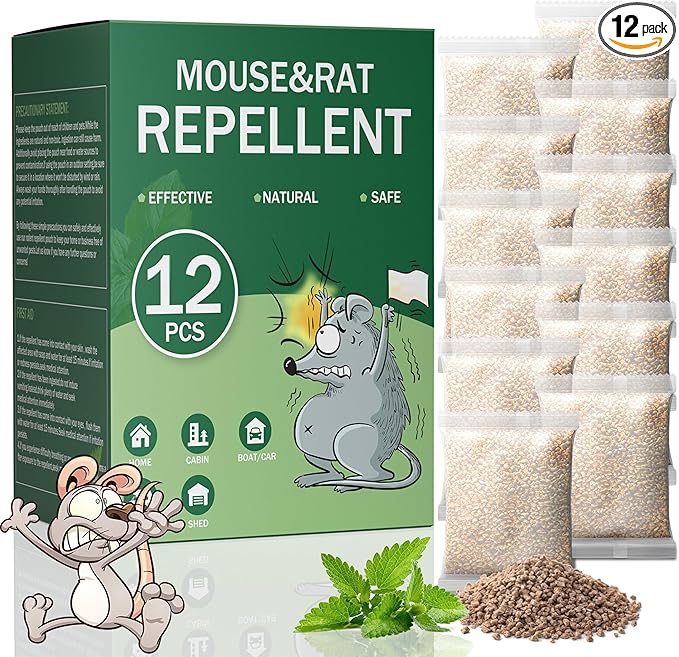 Mouse Repellent Pouches - 12 Pack Extra Strength Peppermint Oil Rodent Deterrent - Natural Indoor & Outdoor Protection for Garage, Storage, RV, Attic & Car - Plant-Based Rat & Squirrel Repeller