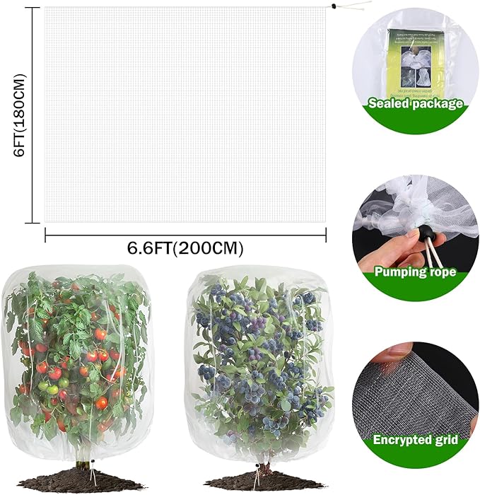 2 PCS Garden Plant Netting Cover for Fruits Tree, Garden Netting Pest Barrier with Drawstring 6 x 6.6 ft Insect Bird Barrier Netting for Garden Protection Tomato Blueberry Bush Netting Cover Bag