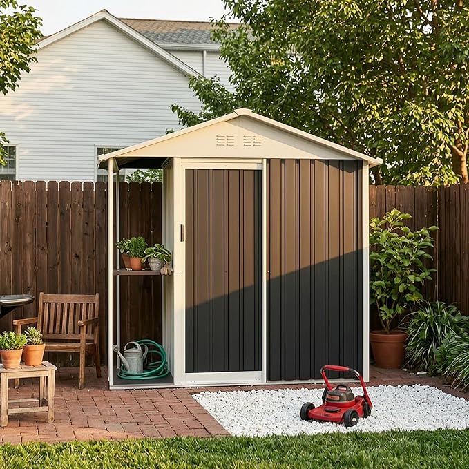 6'x4' Outdoor Storage Shed with External Rack and Shelves, Heavy Duty Metal 2-in-1 Garden Tool Buliding Shed with 1.3'x3.7' Open Side Storage Area for Bike, Lawn, Patio, Backyard