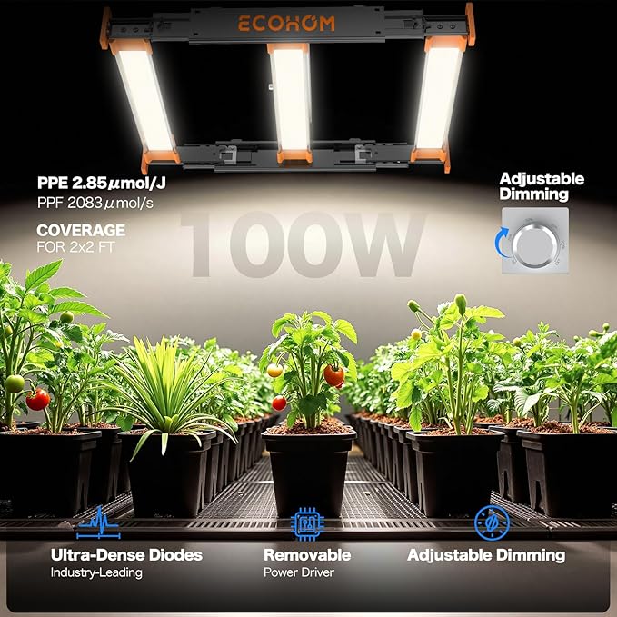 ECOHOM Bar 100W LED Grow Light, Full Spectrum, Dimmable, Daisy Chain, High PPFD, 2x2ft Coverage, for Indoor Plants Seed Starting, Vegs and Bloom, Retractable, Pro Lamp for Grow Tent Commercial Use