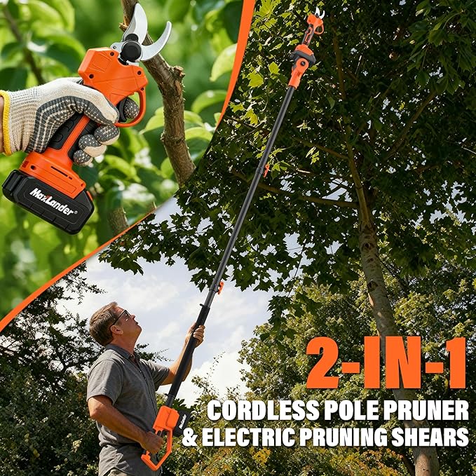 Maxlander Electric Pole Pruning Shears with Pole, 1.2" Cutting Diameter, 2-IN-1 Cordless Tree Pruner Garden Tool for Tree Trimming, 2 x 3.0Ah Batteries, Brushless Motor, 14Ft Reach, LCD Display