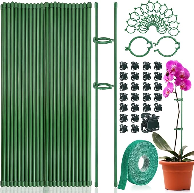76pcs Plant Stakes for Indoor Plants, 25 Pack 16 inch Plant Support Stakes, Fiberglass Garden Plant Sticks Support with Rings Clips &Tie for Indoor and Outdoor Plants Flowers Tomatoes Orchid