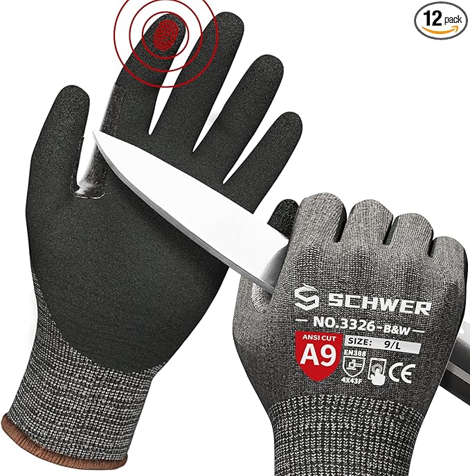 Schwer ProGuard High Level Cut Resistant Work Gloves PR3326 for Extreme Protection，ANSI A9 Cut Gloves with Reinforced Thumb, Non Slip, Breathable, Durable, Touch-screen,12 Pairs, Black (S)