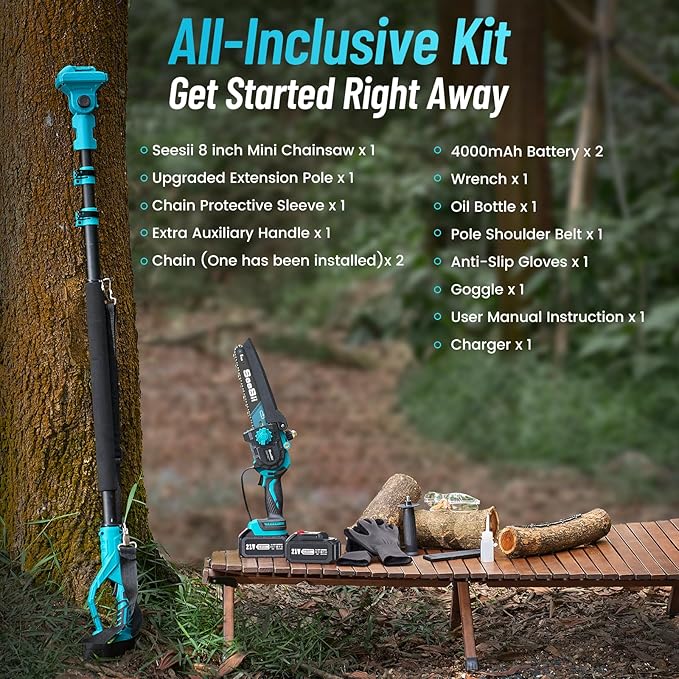 SEESII 2-in-1 Electric Pole Saws for Tree Trimming, 8 Inch Brushless Mini Chainsaw with Extension Pole, Cordless Pole Chain Saw, Tree Trimmer Limb Branch Cutter Pruner with 2 x 4.0Ah Batteries, PS810
