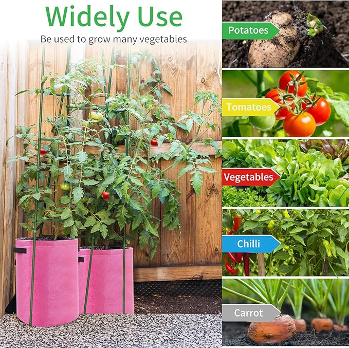 JJGoo 4 Pack Potato Grow Bags 10 Gallon with Flap, Heavy Duty Fabric with Handle and Harvest Window, Non-Woven Planter Pot Plant Garden Bags to Grow Vegetables Tomato, Rose Red