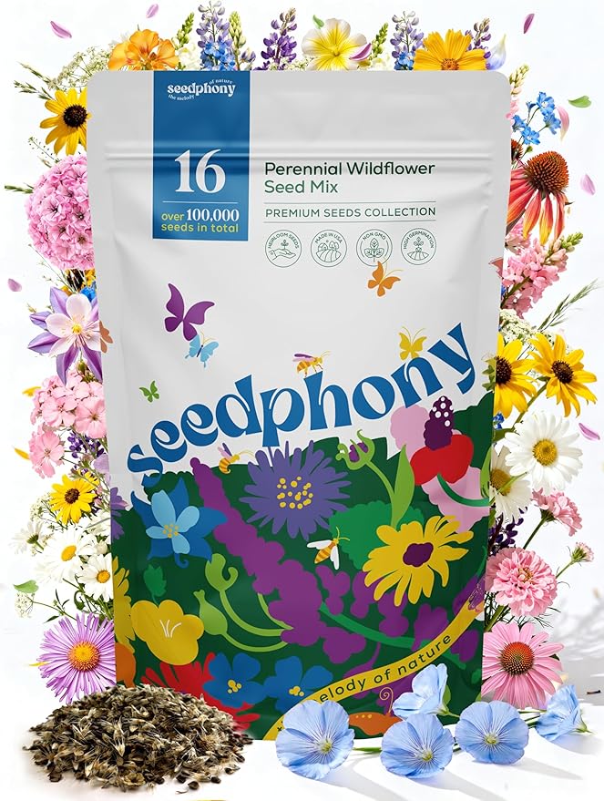 Seedphony 16 Perennial Wildflower Mix 4 oz - 100,000 Non-GMO Heirloom Wildflower Seeds for Planting Garden, Wild Flowers in Waterproof Seed Packet, Floral Seeds for Planting Indoor & Outdoor Gardening