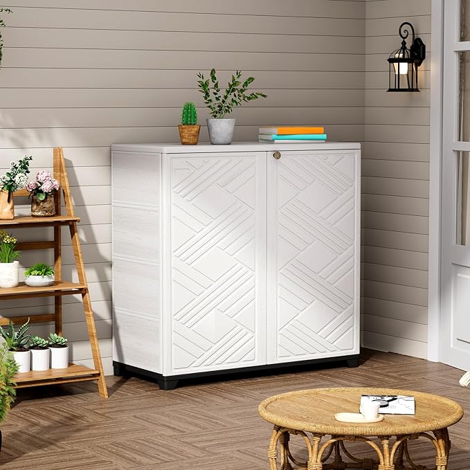 ZZM Indoor/Outdoor Storage Cabinet Waterproof, 34"x15"x34" Plastic Outdoor Storage Box for Garden Balcony Bathroom, All Weather Outdoor Storage Clearance, DIY Usage, with 2 Shelf (White)