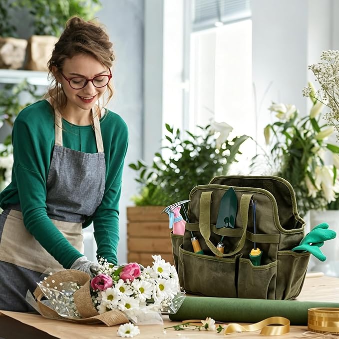 Waxed Canvas Utility Tote Bag, Large Capacity Multi-Pocket Garden Tool Bag, Heavy Duty Waterproof Work Tote for Camping, Gardening, Organizer Storage Bag for Men Women, Army Green