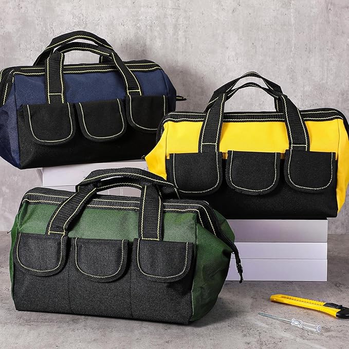 Sanwuta 3 Pack Tool Bag for Men with Waterproof Hard Bottom, Heavy Duty Tool Bag Wide Mouth Tote for Various Instrument, Electrician Carpenter Mechanic(Blue, Yellow, Army Green,13 Inch,Classic)