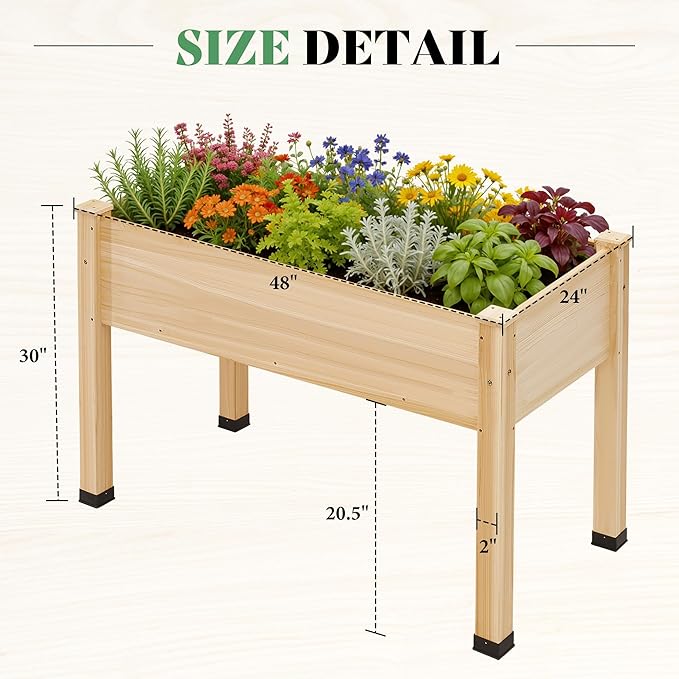 AMERLIFE Raised Garden Bed, 48x30x24 Inches Elevated Wood Planter Box with Bed Liner, Legs, Divider, Drainage Holes, Stand for Backyard, Patio, 200 Lb Capacity - Light Wood