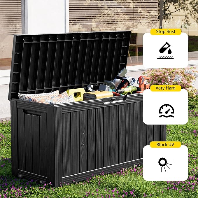75 Gallon Resin Deck Box, Lockable Outdoor Storage Box for Patio Cushions Storage Furniture,Garden Tools, Pool Supplies, Weatherproof and UV Resistant (Black)