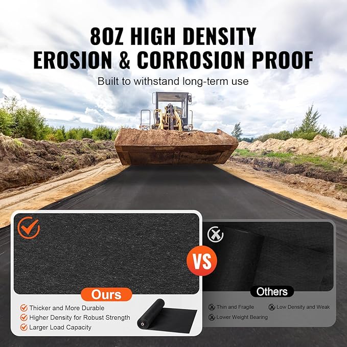 VEVOR Geotextile Landscape, 6ft x 50ft 8 oz, Non-Woven PP Drainage 350N Tensile Strength & 440 N Load Capacity, for Ground Cover, Garden Fabric, French Drains, Black