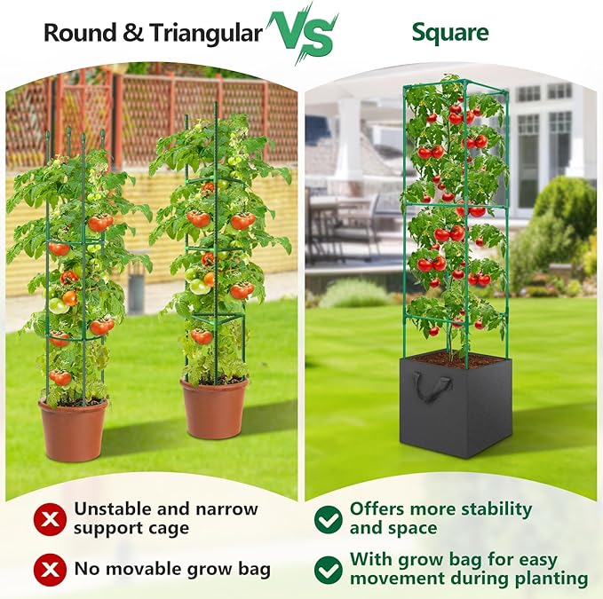 3 Pack Tomato Cages for Garden, Square Tomato Trellis with Grow Bags, 49 IN Tall Heavy Duty Tomato Plant Stakes Support Cages Trellis for Raised Beds Pots Garden Climbing Vegetables Flowers Fruits