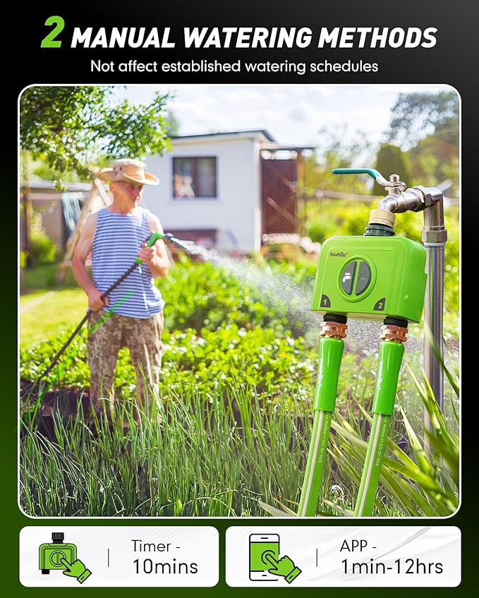 RAINPOINT WiFi Water Timer for Garden Hose, 2 Zone WiFi Sprinkler Controller, Smart Hose Timer Valve, Automatic Drip Irrigation System/Rain Delay for Garden/Lawn/Yard (Brass Inlet, WiFi Gateway)