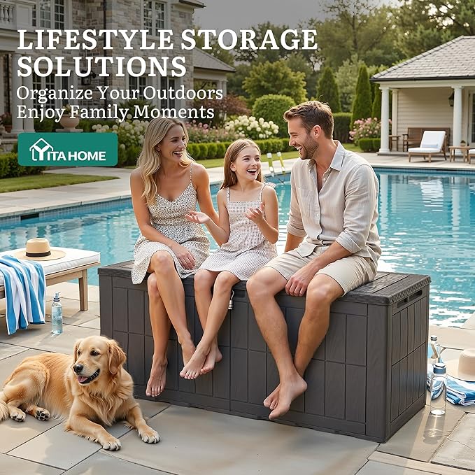 YITAHOME 134 Gallon Large Outdoor Storage Box with Lock, Waterproof Deck Box with Hydraulic Piston for Garden Tools, Pool Accessories & Cushions, Resin Deck Organizer with Bench Seat (Dark Brown)