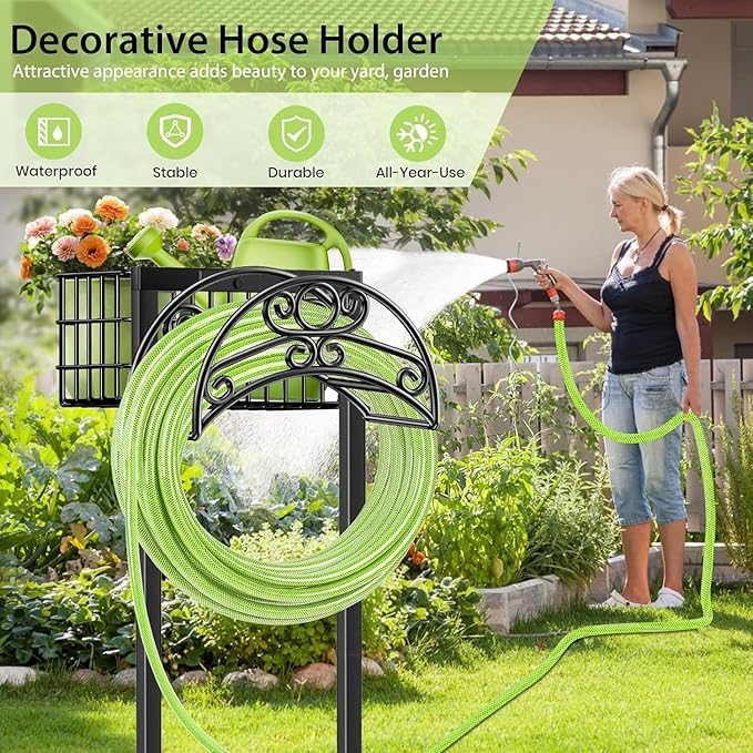 TomCare Garden Hose Holder Upgraded Water Hose Holder Heavy Duty 4 Spikes Hose Hanger Holds 160 Feet Hoses Stable Freestanding Hose Storage Organizer for Outside Yard