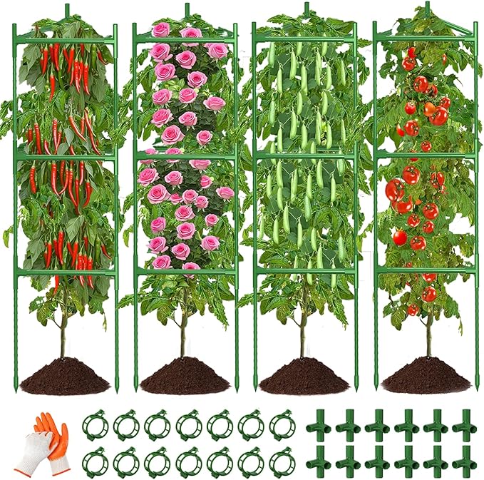4 Pack Large Tomato Cage for Garden Up to 49" H X 16" W Metal Plant Support Stakes with Clips Triangle Pea Cages Cucumber Trellis for Vegetables Pots Vines Flowers Climbing Plants