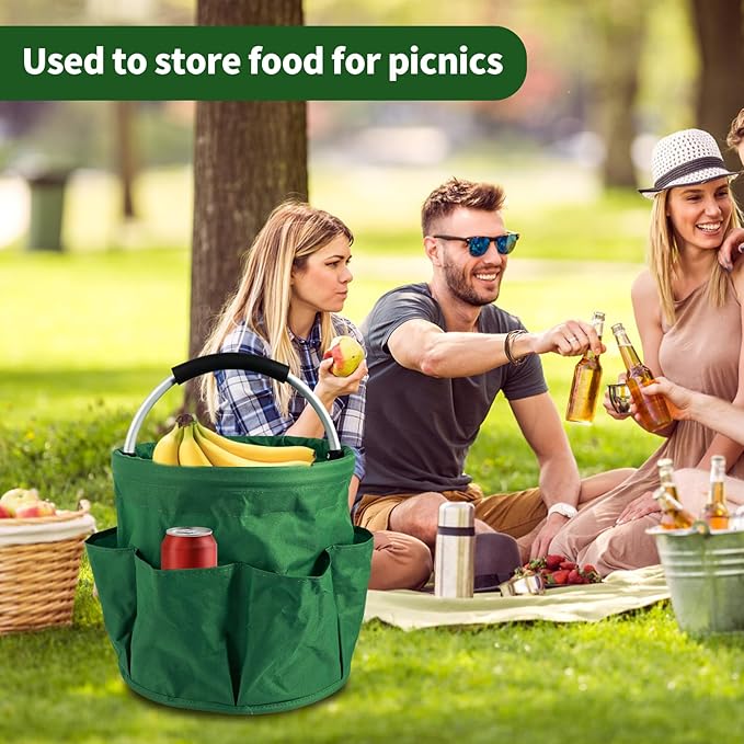 Gardening Storage Tote with Handle and 6 Pockets, Folding Garden Tool Basket, Storage Bag for Outdoor Picnic Organizer, 17L Cleaning Organizer, Bathroom Organizer, Garden Tool Kit Holder (Green)