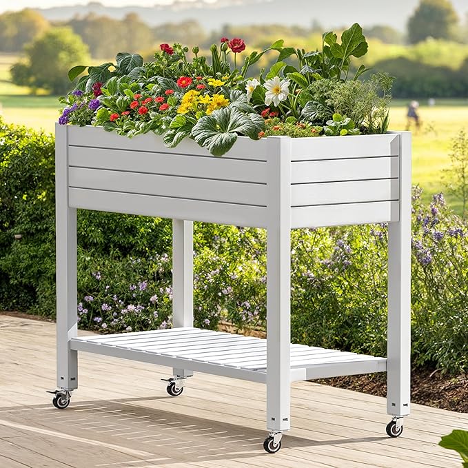 DWVO Raised Garden Bed Kit, 3.6 x 1.5 x 2.8 FT Outdoor Plastic Planter Box with Wheels and Legs, Garden Box with Drain Plug & Storage Shelf for Planting Vegetables, Flowers, and Herbs, Grayish-White