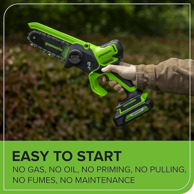 Greenworks 24V 6in BL Pruning Saw w/Auto Oiler, (1) 2.0Ah Battery & 2A Adapter Charger for Tree Trimming and Pruning