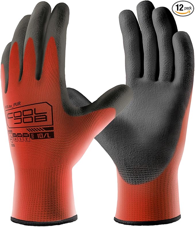 COOLJOB 12/60 Pairs Safety Work Gloves Pack Bulk with Grip PU Coating, 13 Gauge Seamless Knit Gloves with Polyurethane Dipped for Warehouse Working, Breathable Lightweight for Men Women, Red Medium