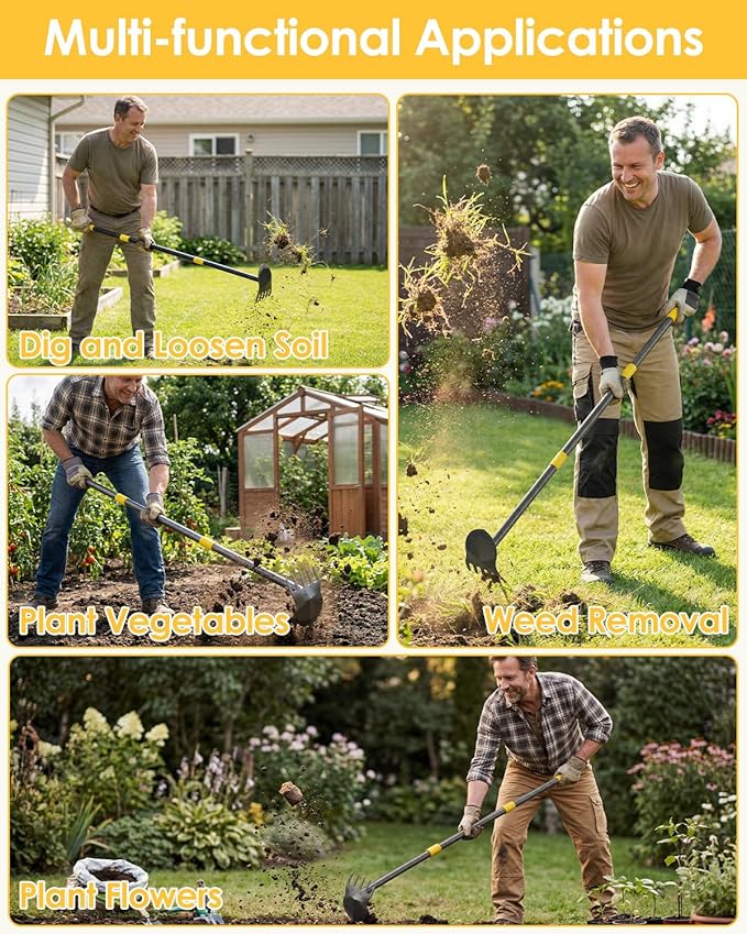 Hoe Garden Tool Heavy Duty Long Handle Manual Weeder Puller Tool for Weeding Loosening Soil 2 in 1 Garden Hoe Adjustable 31-46 Inch Steel Shaft for Gardening Yard Lawn Patio
