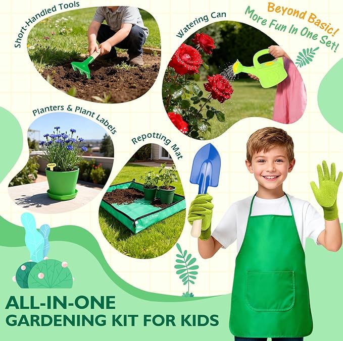 Kids Gardening Set, Outdoor Toys with Wheelbarrow and Kids Garden Tools, Toddler Gardening Set with Repotting mat, Gloves, Apron, Watering Can, Pretend Play Learning Toys for Kids Boys and Girls 3-8