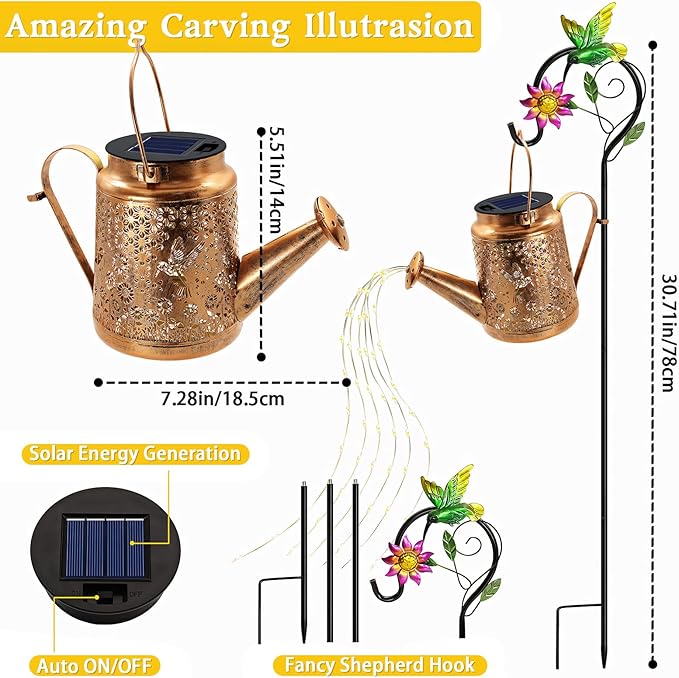 Solar Watering Can Lights, Hummingbird Hanging Lanterns Outdoor, Birthday Gifts for Mom Women Grandma Mother's Day, Waterproof Solar Lights Garden Decor for Outside Yard Art Patio Porch Lawn Backyard
