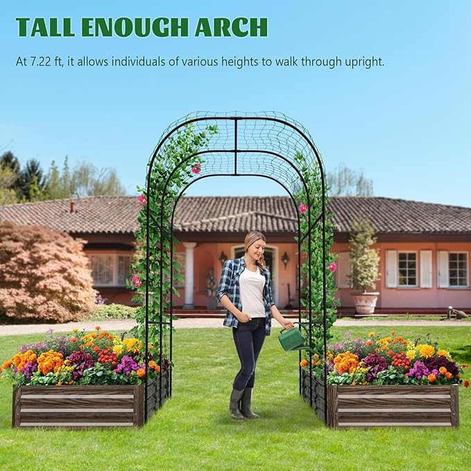 3 in 1 Galvanized Raised Garden Bed with 87" H Arch Trellis for Climbing Plants, Outdoor Gardening Planter Box with Climbing Net for Flower Vegetables Fruits Herbs, Wood Grain