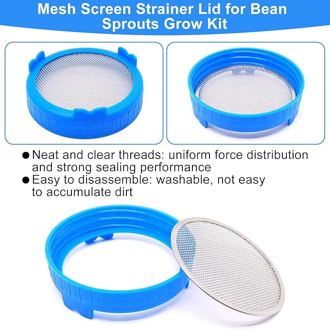 2Pcs Sprouting Lids Stainless Steel Mason Jar Sprouting Lids with Smooth Edge for Broccoli Seeds Sprouting, 90mm Blue Washable
