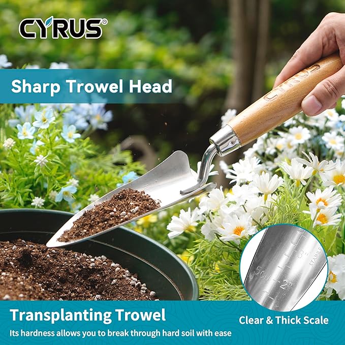 CYRUS Garden Shovel Tool Set,3 Piece Garden Shovel Stainless Steel,Includes Hand Trowels, Transplanting Shovel and Hand Rake with Ash Wood Handle,Gardening Shovels for Planting