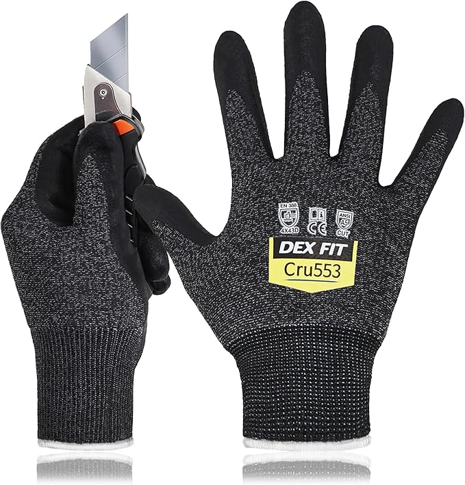 DEX FIT Level 5 Cut Resistant Gloves Cru553, 3D-Comfort Stretchy Fit, Power Grip, Professional Grade, Thin, Touch-Screen Compatible, Durable, Machine Washable; Black Gray S (7) 1 Pair
